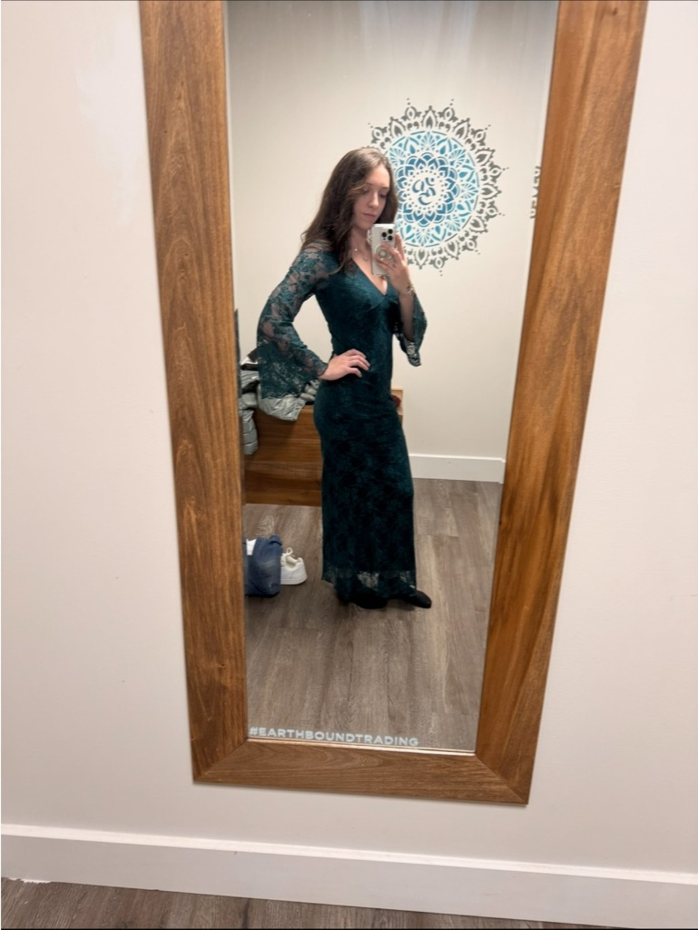 Long Forest Green Lace Maxi Dress with V-Neck and Bell Sleeves